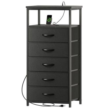 Imagem de Huuger Cômoda com 5 gavetas com estação de carregamento, cômoda para quarto, mesa de cabeceira alta, cômoda com prateleira aberta, mesa de cabeceira, gavetas de armazenamento de tecido, para entrada