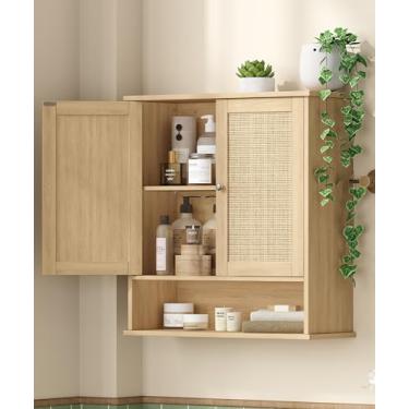 Imagem de Keehusux Armário de remédios de vime com prateleira ajustável e 2 portas, 59,9 cm L x 20,1 cm P x 70 cm A, armário de parede de banheiro boho, grande armário de armazenamento sobre o vaso sanitário