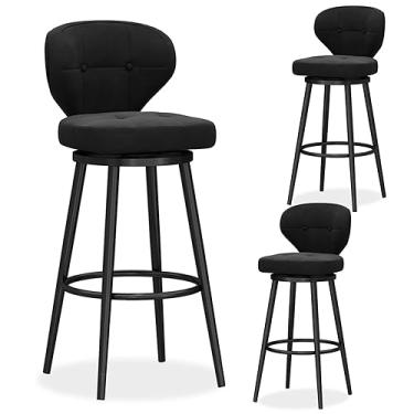 Imagem de Conjunto de 3 bancos de bar giratórios com altura de balcão, banquetas modernas de veludo com encosto médio, cadeira de bar estofada com base de metal, bancos de ilha de cozinha