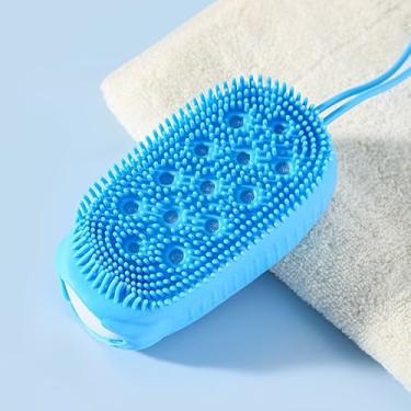 Imagem de Escova de banho de espuma dupla face azul com esponja de urso, esfregão de massagem nas costas para esfoliação e espuma, escova de limpeza corporal de silicone macio para chuveiro