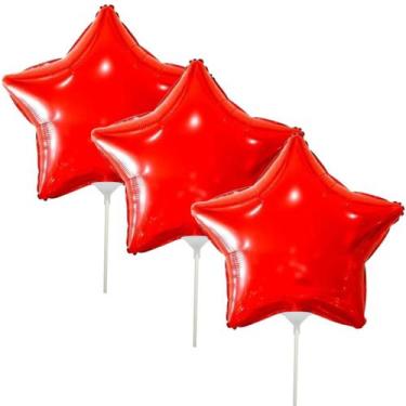 Imagem de Kit 3 Balões Metalizado Estrela Vermelho 20cm C/ Canudo 15cm - Gala, V