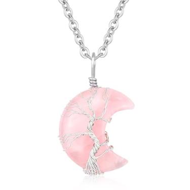 Imagem de XIANNVXI Colares femininos com lua crescente, colares de cristal, árvore da vida, envolto em arame, joia de bruxa natural, presentes para mulheres, Cristal, Sem Pedra Preciosa