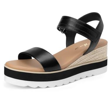 Imagem de Athlefit Sandálias femininas tipo espadrille, bico aberto, tira no tornozelo, salto baixo, plataforma, para o verão, Preto, 39