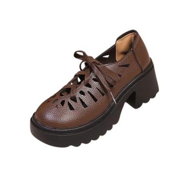 Imagem de Sapatos femininos de couro vazado com cadarço de fundo grosso, salto casual, 7 cm de altura, confortável, Marrom, 34