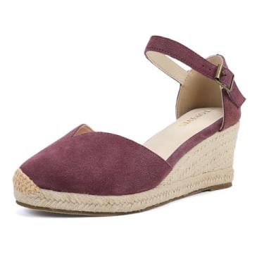 Imagem de TONIVIS Sandálias femininas plataformas, cunha de 7,6 cm, tira no tornozelo, bico cavado, salto alpargatas de verão, Couro genuíno vermelho vinho - salto de 6,9 cm, 34