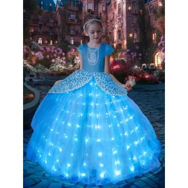 Imagem de UPORPOR Fantasia de Cinderela para meninas, vestido de fada azul de princesa para crianças, vestido de baile infantil, fantasias de Halloween com LED, vestito de aniversário, roupa de festa de carnaval, 4 a 5 anos