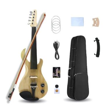 Imagem de Yinfente Violino elétrico de 5 cordas 4/4 tamanho completo madeira maciça violino para iniciantes em formato de guitarra peças de ébano com capa, arco, pano de limpeza, resina