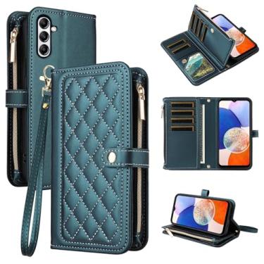 Imagem de Dswteny Capa carteira para Samsung Galaxy A56 5G com alça de pulso cordão flip zíper suporte suporte macio acessórios padrão Argyle capa de celular para A 56 56A LTE mulheres meninas verde