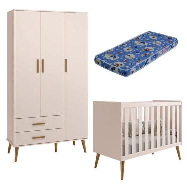 Imagem de Berço Americano E Guarda Roupa Infantil 3 Portas Isis Rosa Acetinado Com Colchão Ortobom - Reller