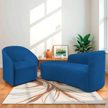 Imagem de Kit Sofá Curvo França 160cm L.e E Poltrona Luiza Max Conforto, Elegância E Design Moderno Linho Azul Royal