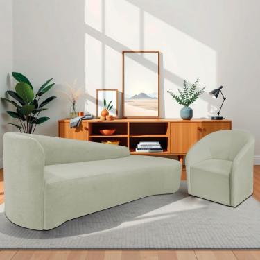 Imagem de Kit Sofá Curvo França 180cm Ld. E Poltrona Luiza Max Conforto, Elegância E Design Moderno Bouclé Verde Oliva