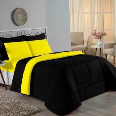 Imagem de Kit Edredom Dupla Face + Jogo De Lençol King Nobre 7 Peças Malha 100% Algodão - Preto / Amarelo