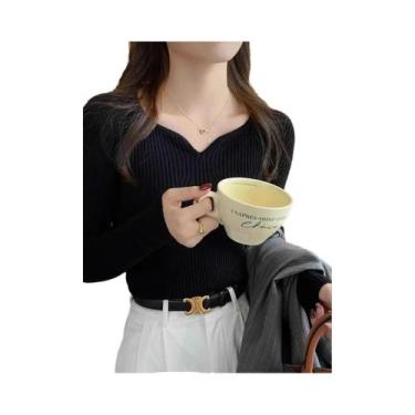 Imagem de Suéter Feminino De Tricô Canelado Com Decote Em V, Manga Longa, Ajusta