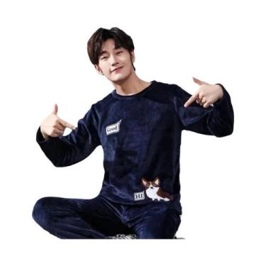 Imagem de Pijamas Masculinos De Fleece Coral Com Gola Redonda E Manga Longa, Con