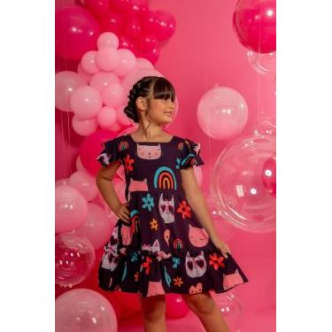 Imagem de Vestido Infantil Menina Estampado Gatinhos Com Babados - Marias - Pret