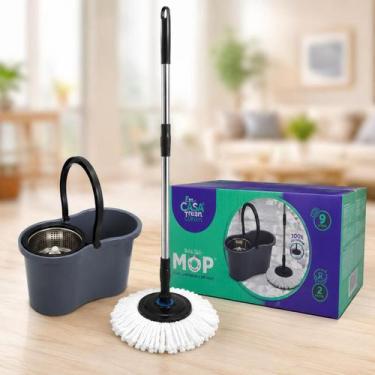 Imagem de Esfregão Mop Giratório Ingá Balde Inox 9l com 2 Refis Microfibra Limpe
