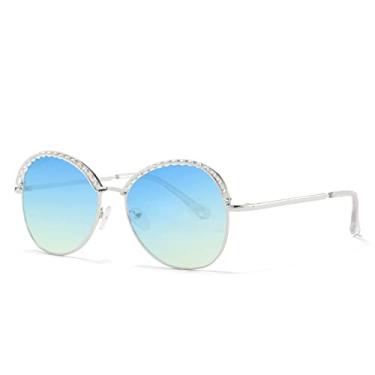 Imagem de Óculos de sol redondos de metal retrô pérola designer de luxo feminino armação grande óculos de sol feminino gradiente lentes, ouro azul verde, um