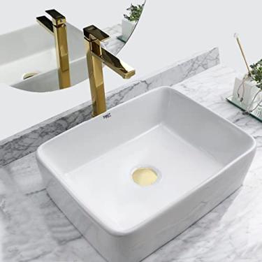 Imagem de Kit Cuba Pia Louça Cerâmica Banheiro C/Torn e Vál Dourada 3