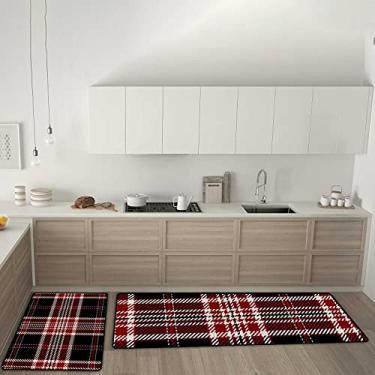 Imagem de Tapete de cozinha vermelho, preto, branco, xadrez, antiderrapante, conjunto de 2 tapetes de cozinha, tapete confortável antifadiga, para sala de jantar, lavanderia, escritório