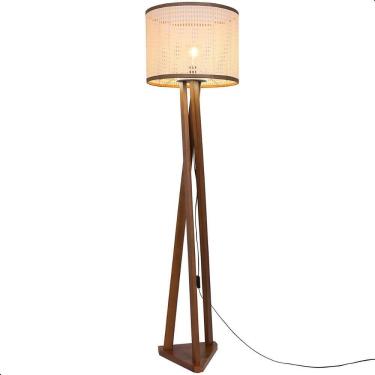 Imagem de Luminária de Chão Estrela com Pés de Madeira e Tela Indiana Borda Marrom 162cm