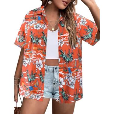 Imagem de IN'VOLAND Camisetas femininas plus size havaianas de verão com estampa floral trópica macia com botões e manga curta, Laranja tropical, 21 Plus Size