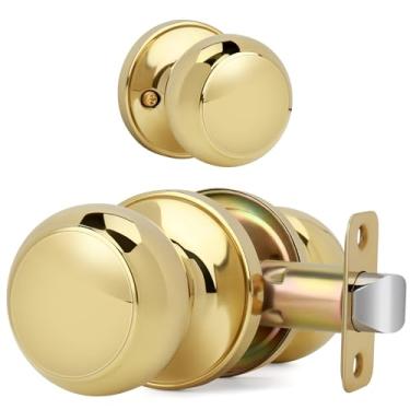 Imagem de LOQRON Maçaneta de porta esférica plana sem chave e trava, design redondo de passagem sem bloqueio para corredor/armário, acabamento em latão polido