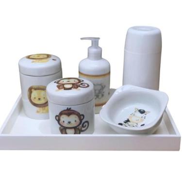 Imagem de Kit higiene bebê Safari 6 peças - Bandeja, potes, porta álcool e molha