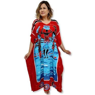 Imagem de Vestido Longo Indiano Kaftan Viscose Estampa Africana Plus - Sarat Mod