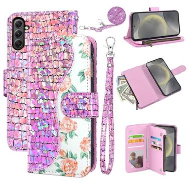 Imagem de Dibosom Capa carteira floral para Samsung Galaxy S24 Plus S24+ 5G com alça de pulso alça de ombro flip zíper bolsa porta-cartão, suporte glitter Bling capa para celular para S24plus 24S + S 24 24+