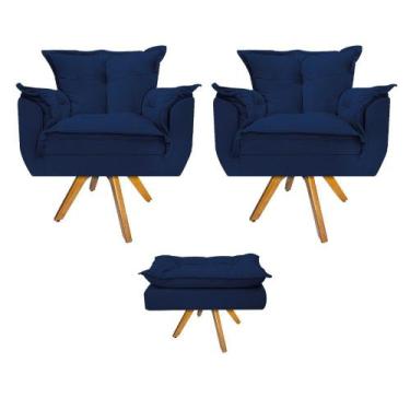 Imagem de Kit 02 Poltronas e Puff Opala Base Giratória de Madeira Suede Azul Mar