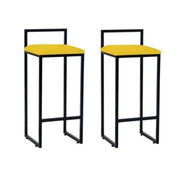 Imagem de Kit 02 Banqueta Alta Industrial 0,78 cm Metal Preto Suede Amarelo - Va