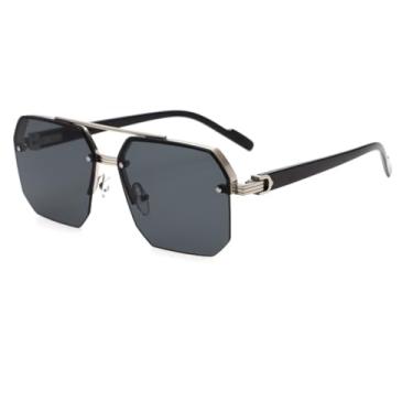 Imagem de Azoxus Óculos de sol grandes sem aro masculino retrô quadrado aviador óculos de sol modernos prata metal vintage lentes matizadas, Lente preta/armação de metal prata, Large