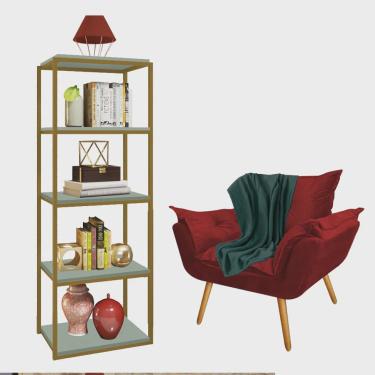 Imagem de Kit Poltrona Fatte com Manta Soft Verde e Estante Livreiro Ferro Dourado mdf Verde Oliva Suede Vermelho - Ahazzo Móveis