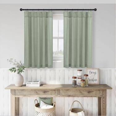 Imagem de Cortinas de linho verde sálvia meia cozinha 91 cm de comprimento 2 camadas cortina plissada com ganchos Boho Cafe cortina curta para janelas semitransparente cortina de filtragem de luz para banheiro