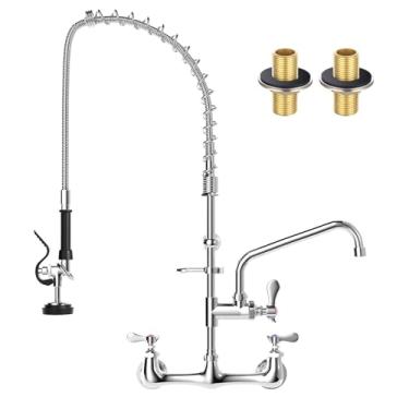 Imagem de Torneira de pia comercial, TOLSUNY Suporte de parede para torneira de cozinha comercial com pulverizador pré-enxágue, altura de 91 cm, bico giratório de 30 cm, torneira de pia de cozinha montada na