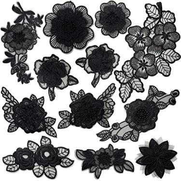 Imagem de 12 apliques bordados de renda floral 3D para reparo de roupas, vestido de casamento, artesanato de costura DIY (preto)