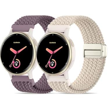Imagem de Oanux Pacote com 2 pulseiras magnéticas trançadas compatíveis com Garmin Vivoactive 5/Vivoactive 6/3/3 Music, pulseira esportiva macia de nylon elástico de 20 mm para Venu Sq 2 e Forerunner 55/165/245