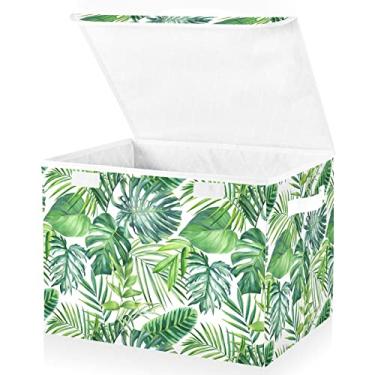 Imagem de senya Caixas De Armazenamento Grandes Com Cubos Dobráveis Linho, Organizador Armários, Recipientes, Caixa Tampa Flip-Top Para Casa, Quarto E Escritório, 16,7 X 12,6 11,8 Pol. (Linho Folhas Palmeira