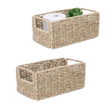 Imagem de YRMT Cesto pequeno de armazenamento de algas marinhas de papel higiênico com alças embutidas, organizador de banheiro, cestas estreitas para organizar tanque de vaso sanitário, pacote com 2 (ervas