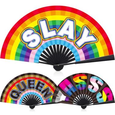 Imagem de Geelin 3 peças de fãs dobráveis de arco-íris Yasss Slay Queen leques dobráveis de rave grande Clack para Parada do Orgulho Gay LGBTQ Acessórios de festa