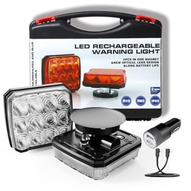 Imagem de WINECO 2 peças de luzes piscantes recarregáveis para veículos, luzes de perigo estroboscópicas supermagnéticas, luz de emergência LED portátil sem fio para caminhões, ônibus, trator e reboque grande