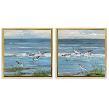 Imagem de Stupell Industries Beach Shore with Sandpipers & Grasses Conjunto de tela flutuante com moldura dourada de 2 peças por Sally Swatland, 25 x 25