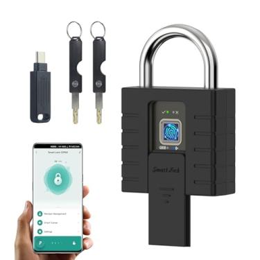 Imagem de KENRONE Cadeados com chaves cadeado resistente ao ar livre, desbloqueio de impressão digital e autorização remota por telefone, 2 chaves, impermeável, anti-roubo para caminhões, armazéns, portões