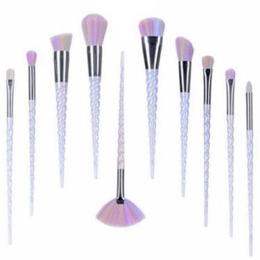 Imagem de Kit 10 Pinceis maquiagem Profissional Holográfico Cabo Unicórnio 907 -