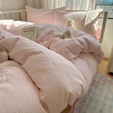 Imagem de VM VOUGEMARKET Conjunto de capa de edredom rosa com renda branca solteiro infantil xadrez rosa guingão conjunto de capa de edredom para dormitório universitário macio, leve e aconchegante