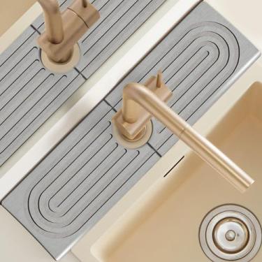 Imagem de Protetor de respingos de água para pia de cozinha de diatomita, bandeja de pia de pedra limpa de secagem de 45 cm, pedra coletora de gotejamento moderna e elegante com alça de torneira, tapete