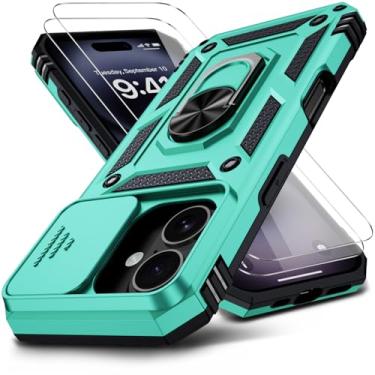 Imagem de Muntinfe Capa para iPhone 16 com protetor de tela HD 2X e capa de câmera deslizante e suporte de anel girado, [grau militar] Capa protetora resistente para iPhone 16 de 6,1 polegadas, azul-petróleo