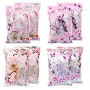Imagem de Sacos de lembrancinha floral de cavalo para cowgirl cowboy, 50 peças rosa cavalo ocidental pônei flor impressão sacos de presente com alças plástico doces biscoito bolsa de presente para aniversário