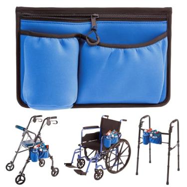 Imagem de High Road Bolsa Lateral Para Cadeira De Rodas Com Porta-Copos - Andador Neoprene Elástico E Isolante 2 Bolsos Armazenamento (Azul)