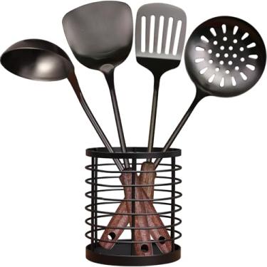 Imagem de Conjunto de ferramentas de espátula wok de 38 cm e colher de concha de escumadeira para wok e frigideira - Conjunto de 5-304 utensílios de cozinha de aço inoxidável com suporte - Acessórios wok